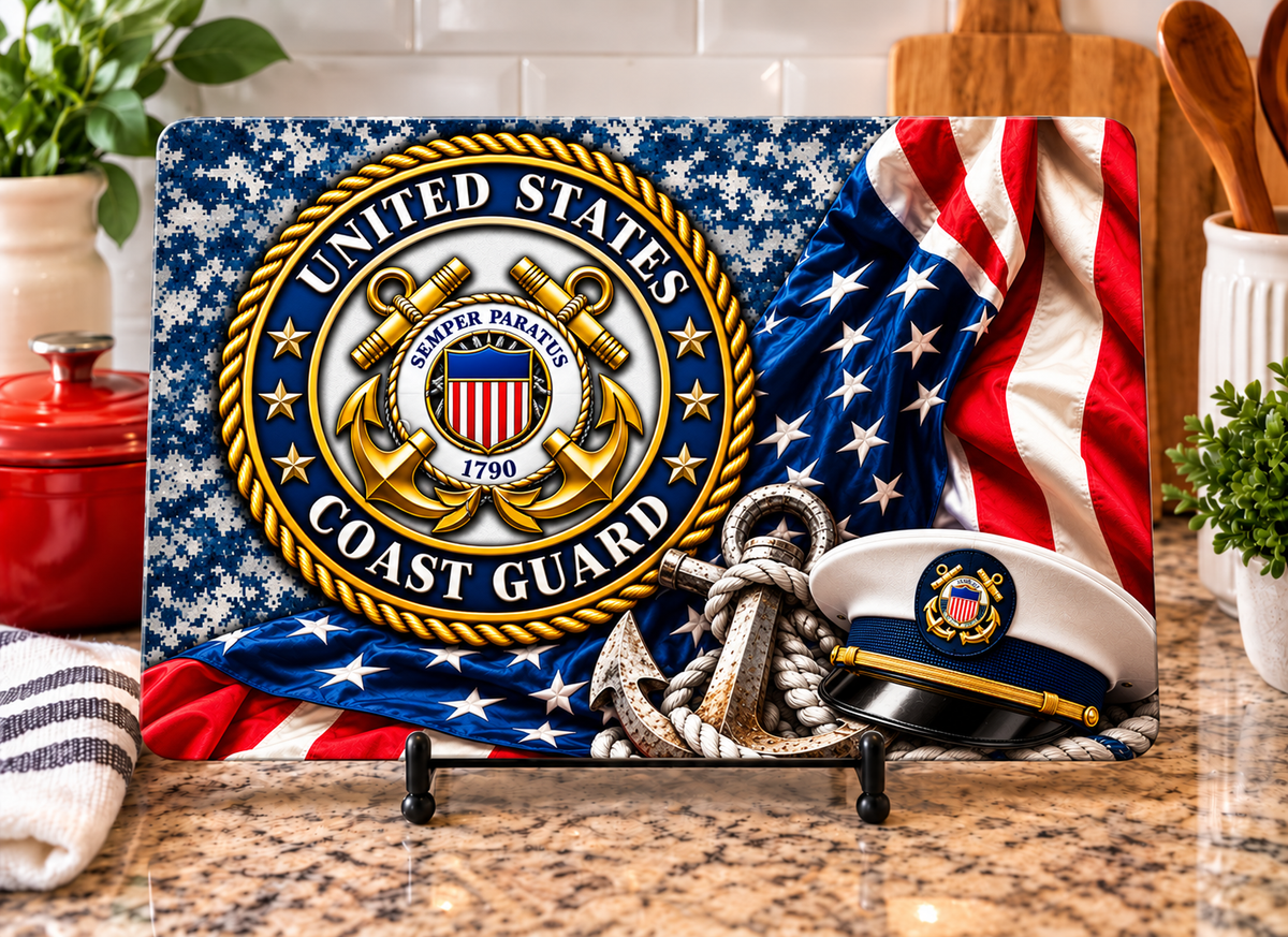 Coast Guard cutting board design with Coast Guard emblem, American flag, blue camouflage, anchor, rope, and service cap