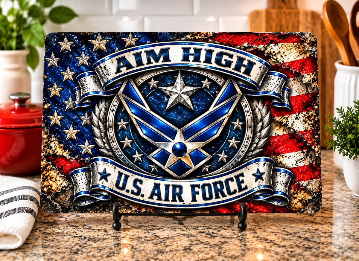 Air Force cutting board design with Aim High banners, blue winged symbol, stars, laurel artwork, and distressed American flag