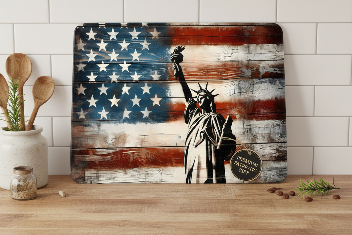 Patriotic Cutting Board Featuring Statue of Liberty and American Flag - 8x11