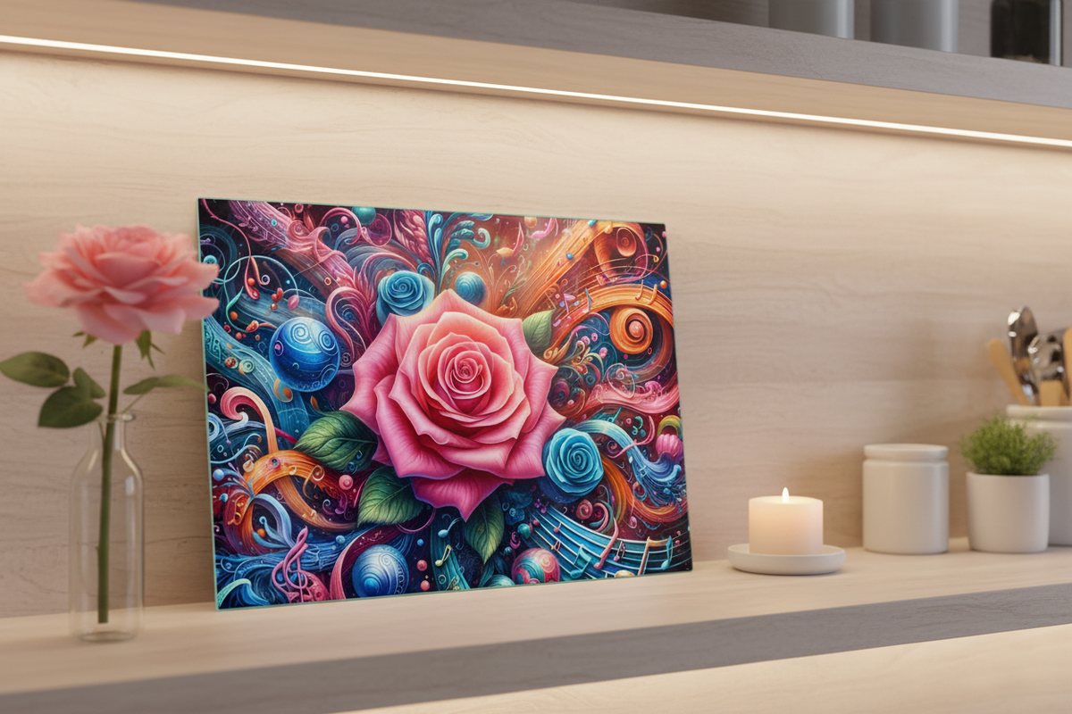 Artistic Tempered Glass Cutting Board with Pink Rose & Musical Notes - Elevate Your Culinary Experience