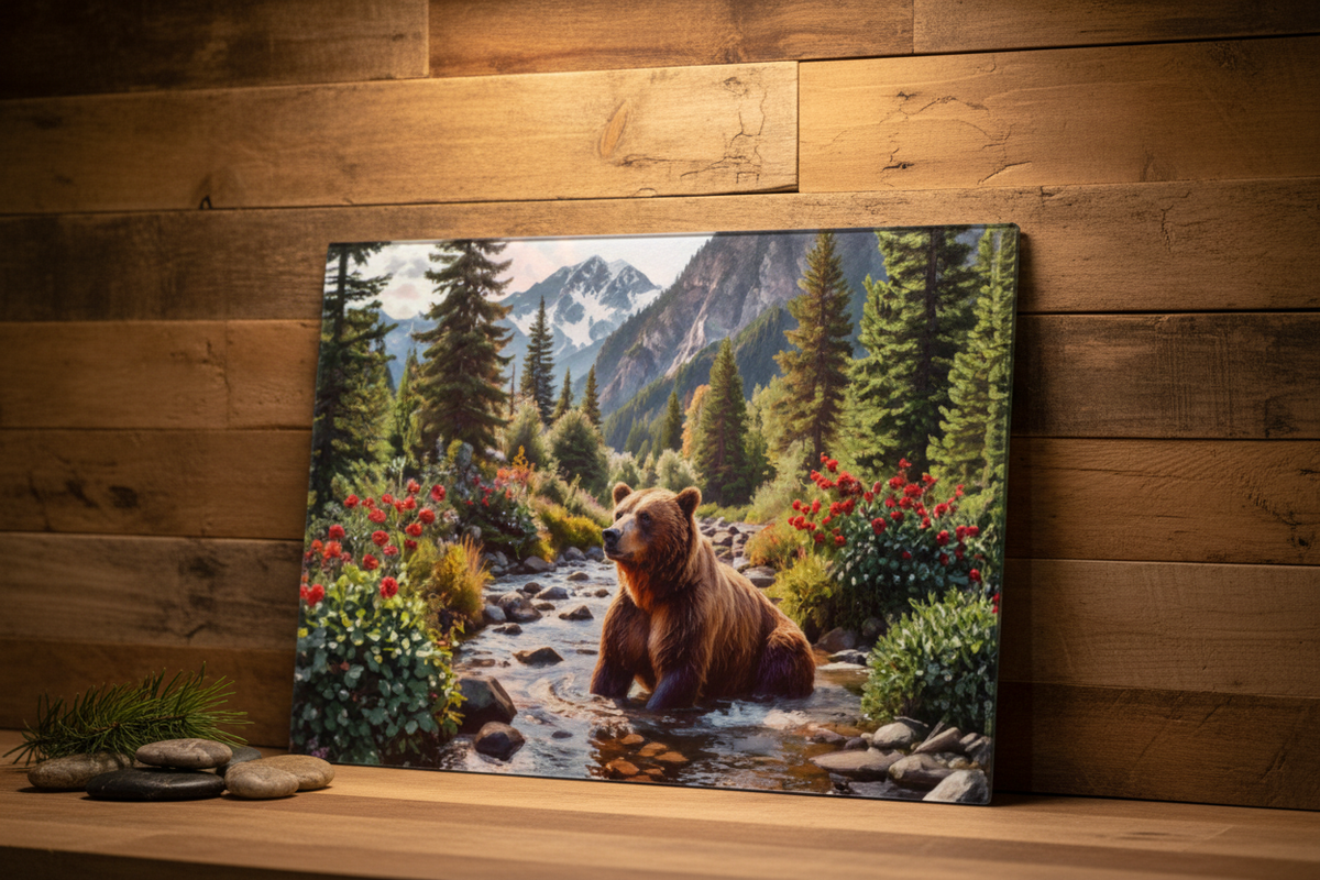 Mountain Grizzly Bear Glass Cutting Board – Experience Nature's Majesty in Your Kitchen