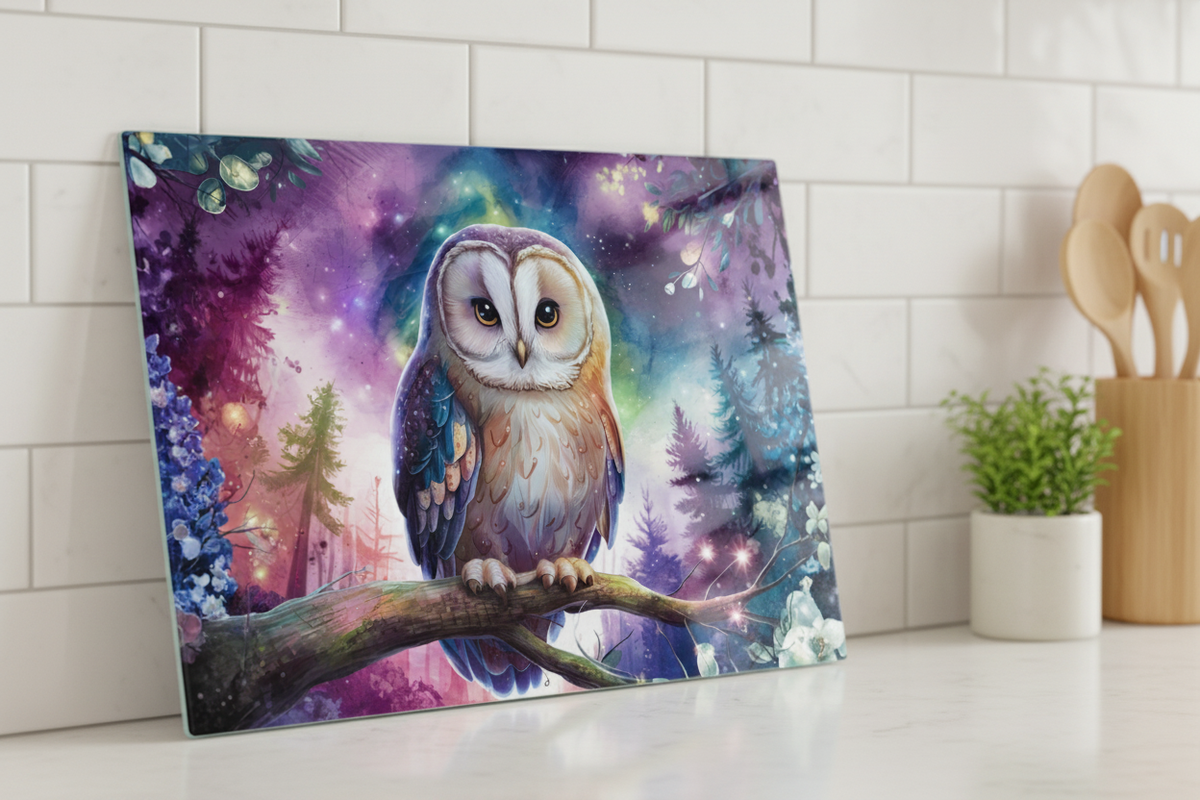Owl Galaxy Forest Cutting Board – 8"x11" Tempered Glass for Every Kitchen