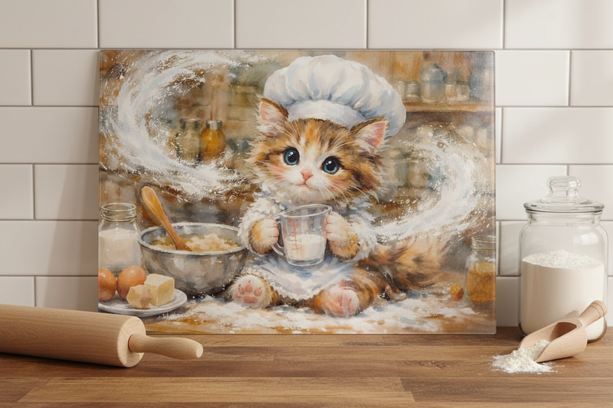 Kitten Chef Baking Cutting Board – Adorable Tempered Glass Kitchen Essential