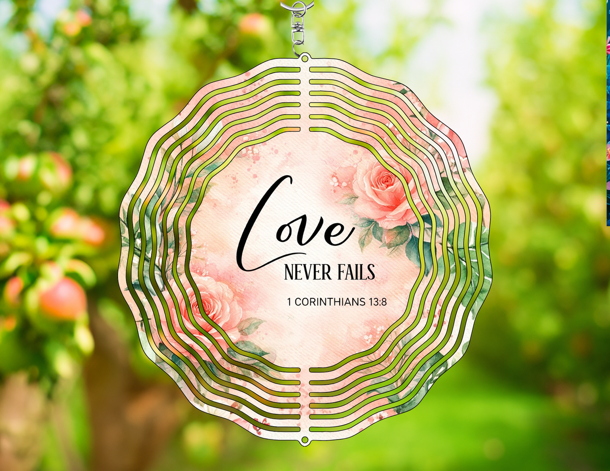 Love Never Fails Wind Spinner | Elegant 1 Corinthians 13:8 Garden Decor