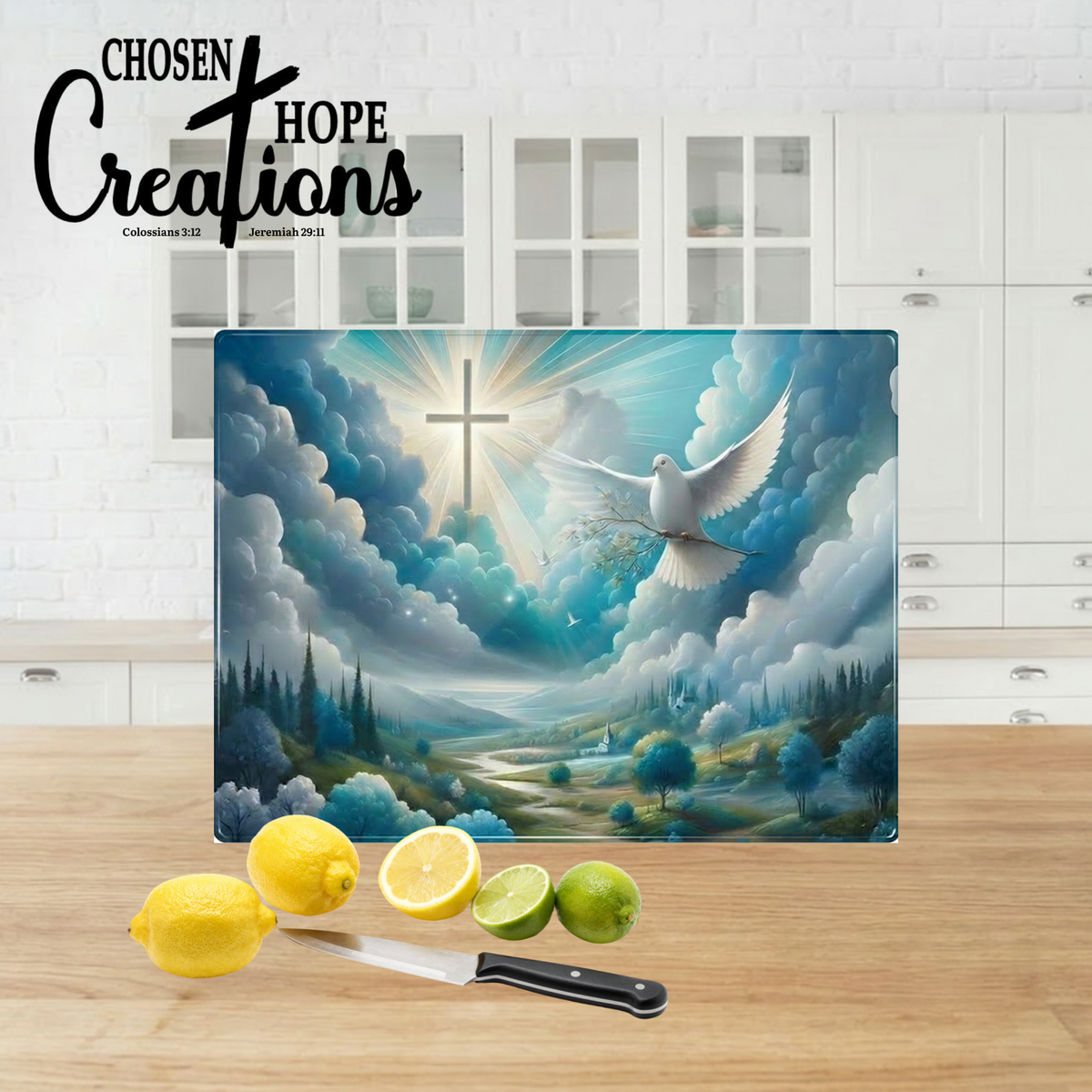Faith Tempered Glass Cutting Board - Dove and Cross Design