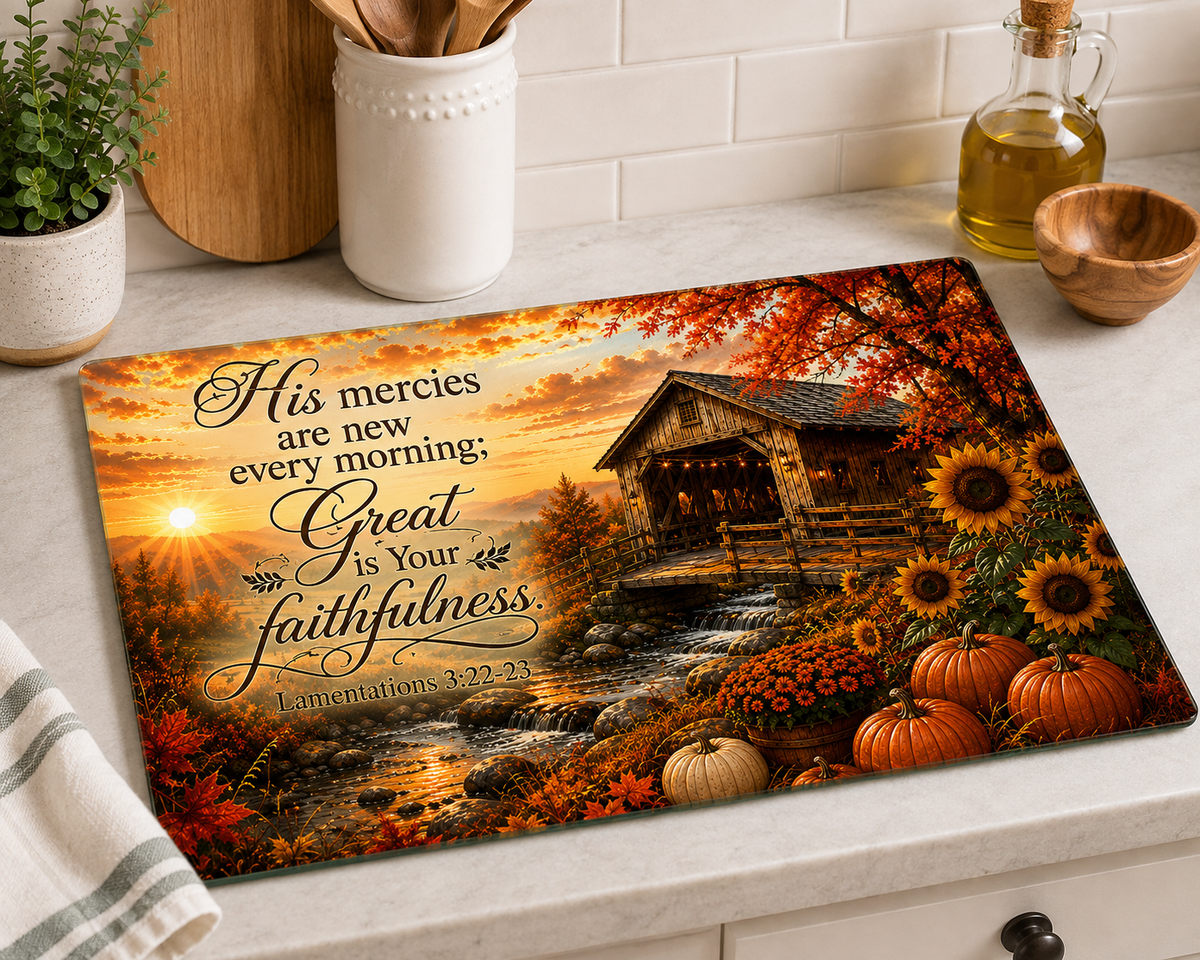 Lamentations 3:22–23 Covered Bridge Tempered Glass Cutting Board – Daily Inspiration for Your Kitchen
