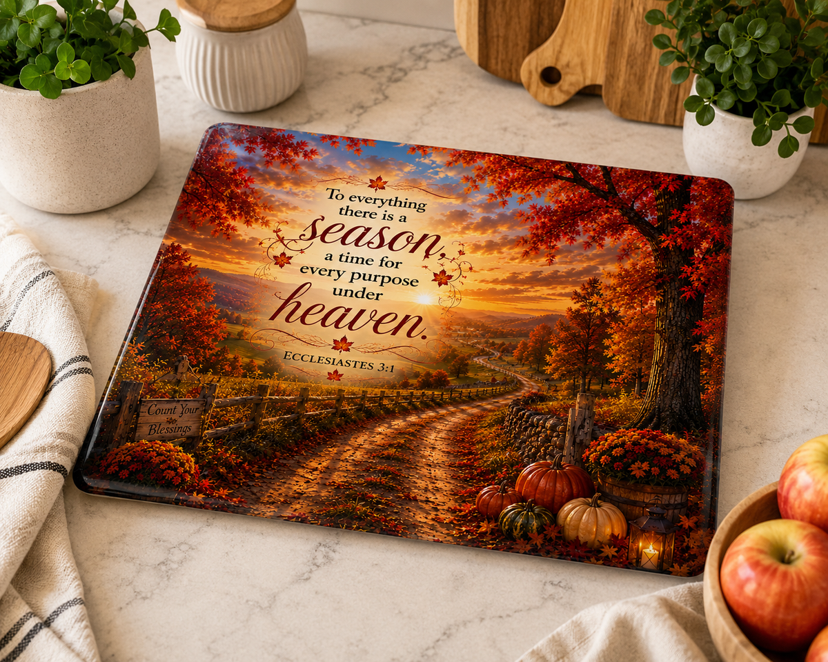 Autumn Country Road Cutting Board – A Beautiful Reminder of Faith and Functionality