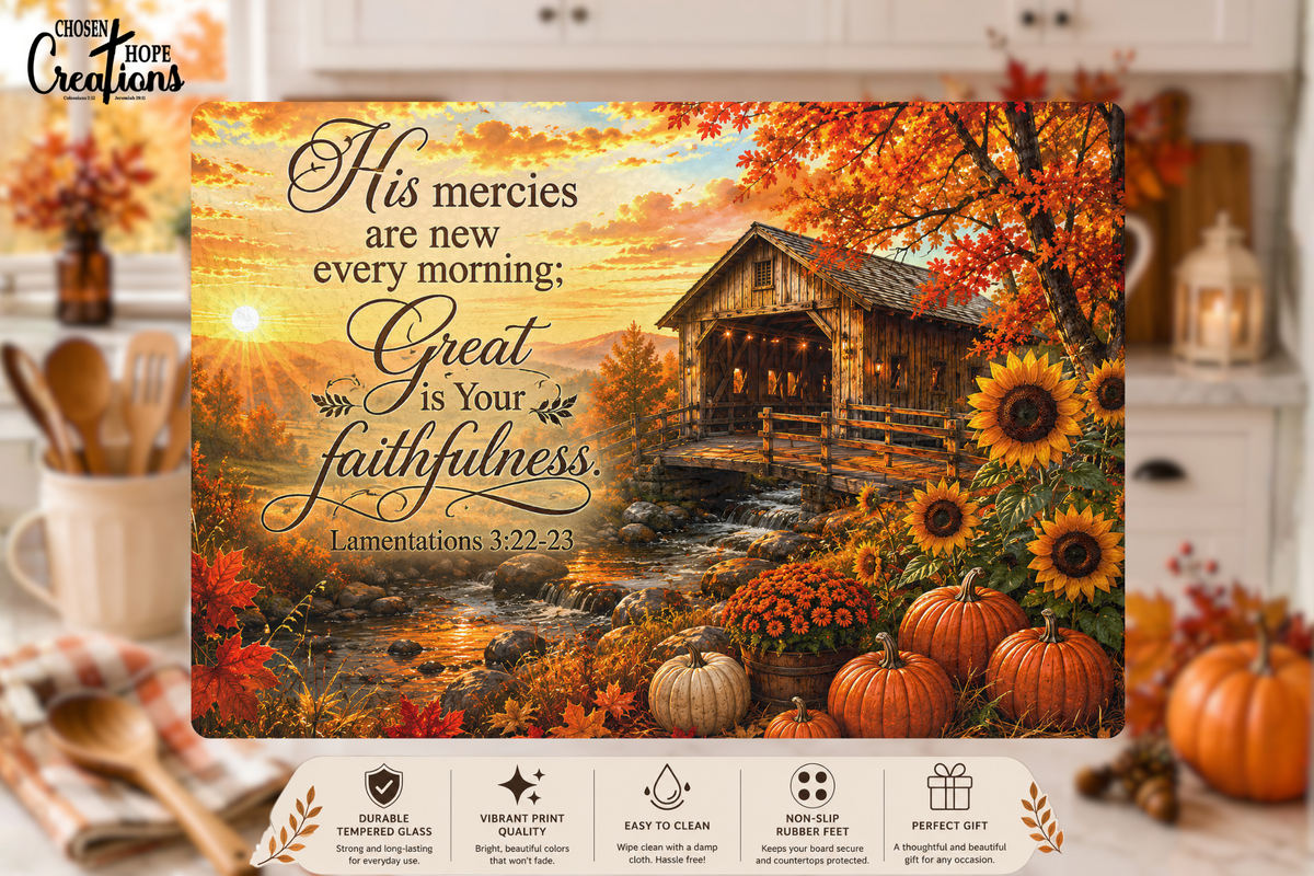 Lamentations 3:22–23 Covered Bridge Tempered Glass Cutting Board – Daily Inspiration for Your Kitchen