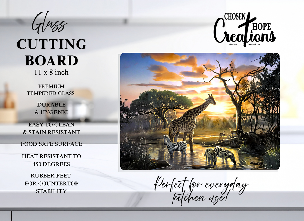 Elevate Your Kitchen with the Safari Watering Hole at Sunset – 8x11 Tempered Glass Cutting Board