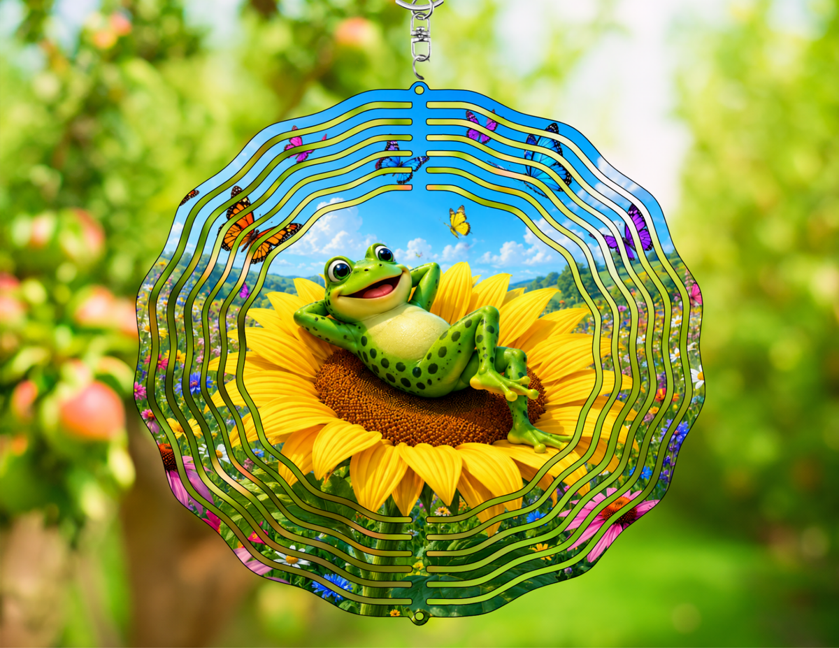 Brighten Your Garden with the Adorable Frog on Sunflower Wind Spinner!