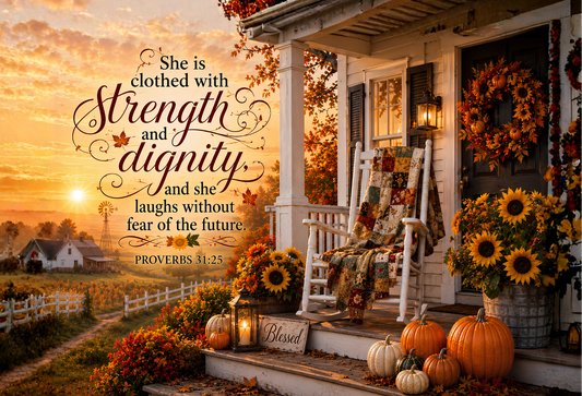 Embrace Faith and Autumn Charm with our Proverbs 31:25 Christian Kitchen Décor Cutting Board