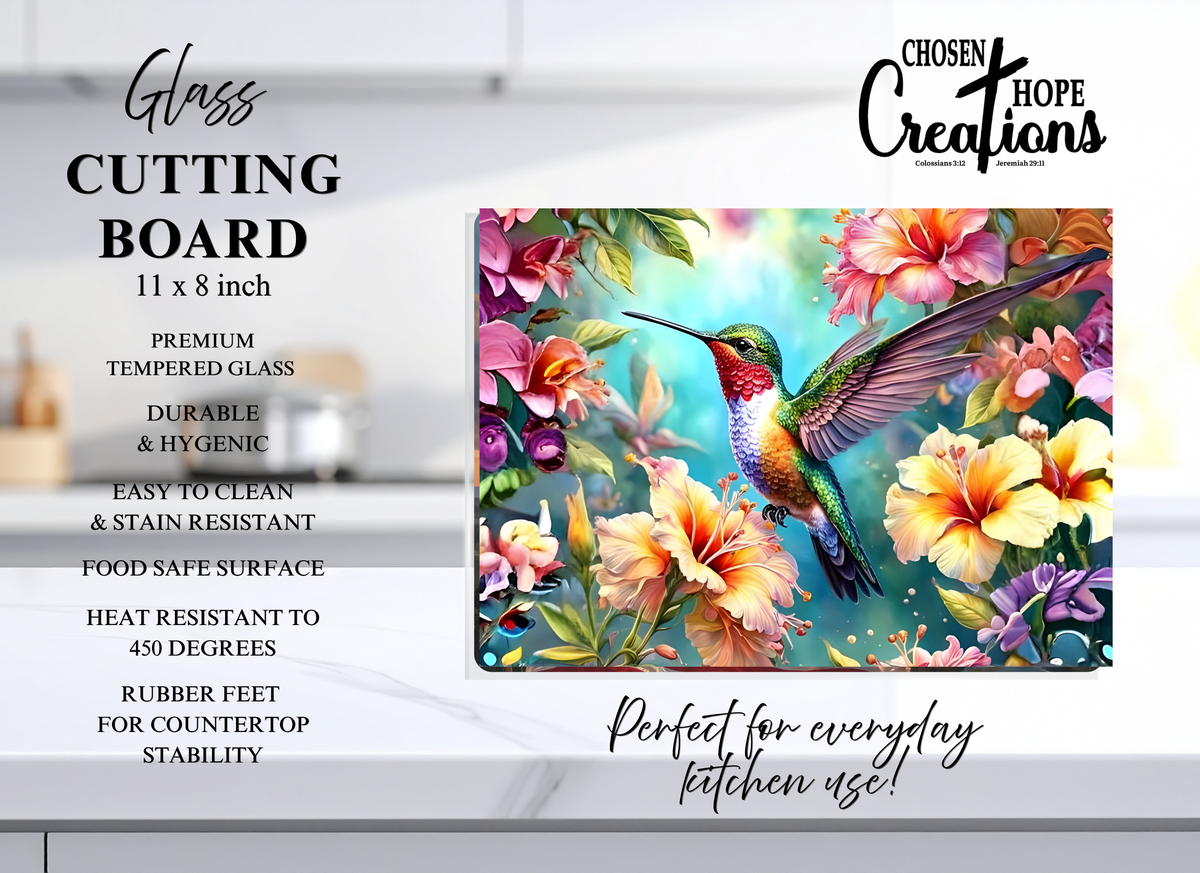 Enhance Your Culinary Experience with the Hummingbird Glass Cutting Board - 8x11