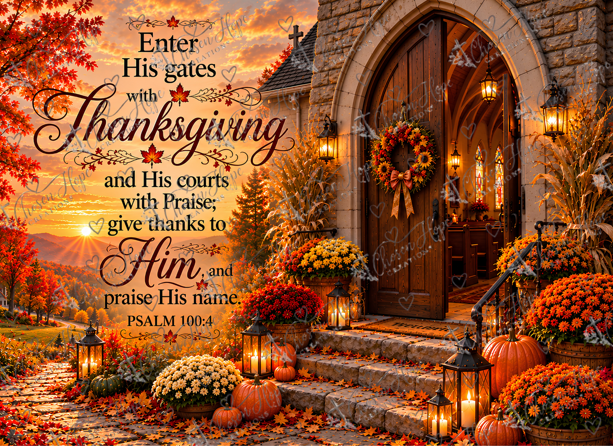 Psalm 100:4 Enter His gates with Thanksgiving design with an autumn church doorway, pumpkins, chrysanthemums, and glowing lanterns.