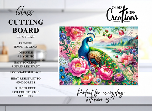 Enhance Your Culinary Experience with the Peacock Peony Glass Cutting Board