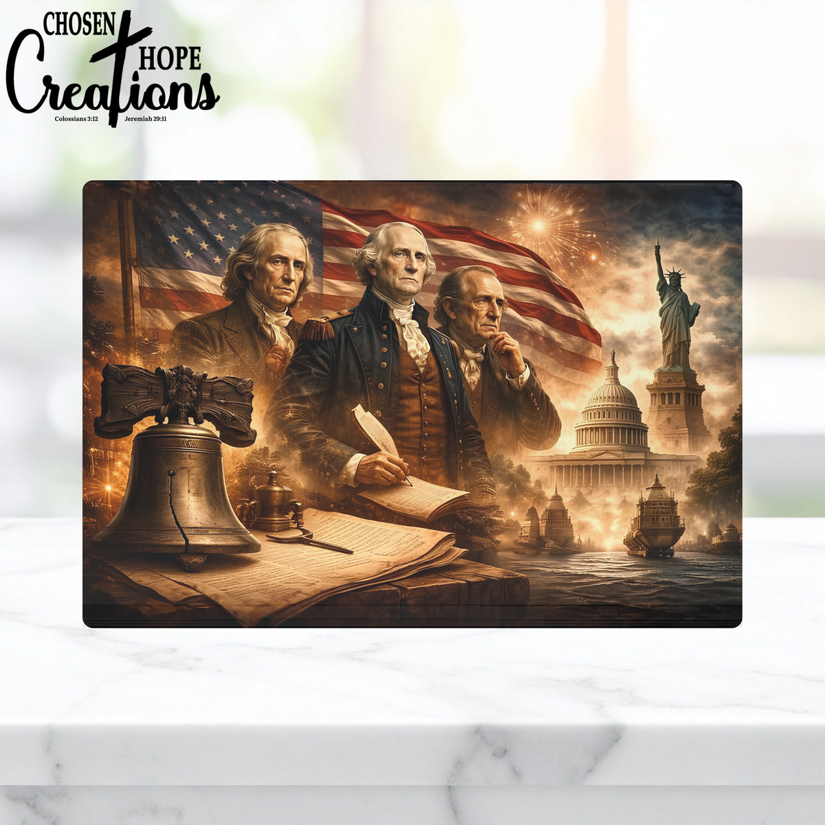 Patriotic Glass Cutting Board - Founding Fathers Legacy