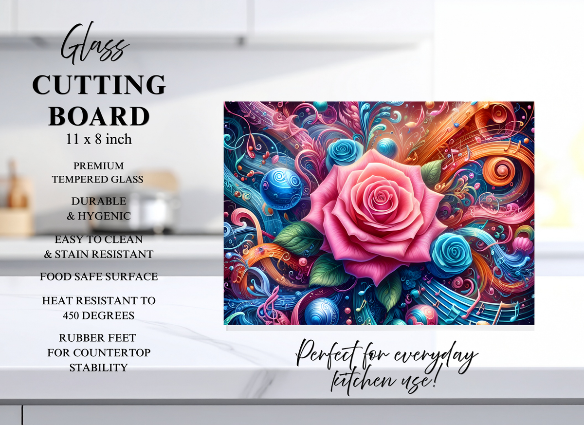 Artistic Tempered Glass Cutting Board with Pink Rose & Musical Notes - Elevate Your Culinary Experience