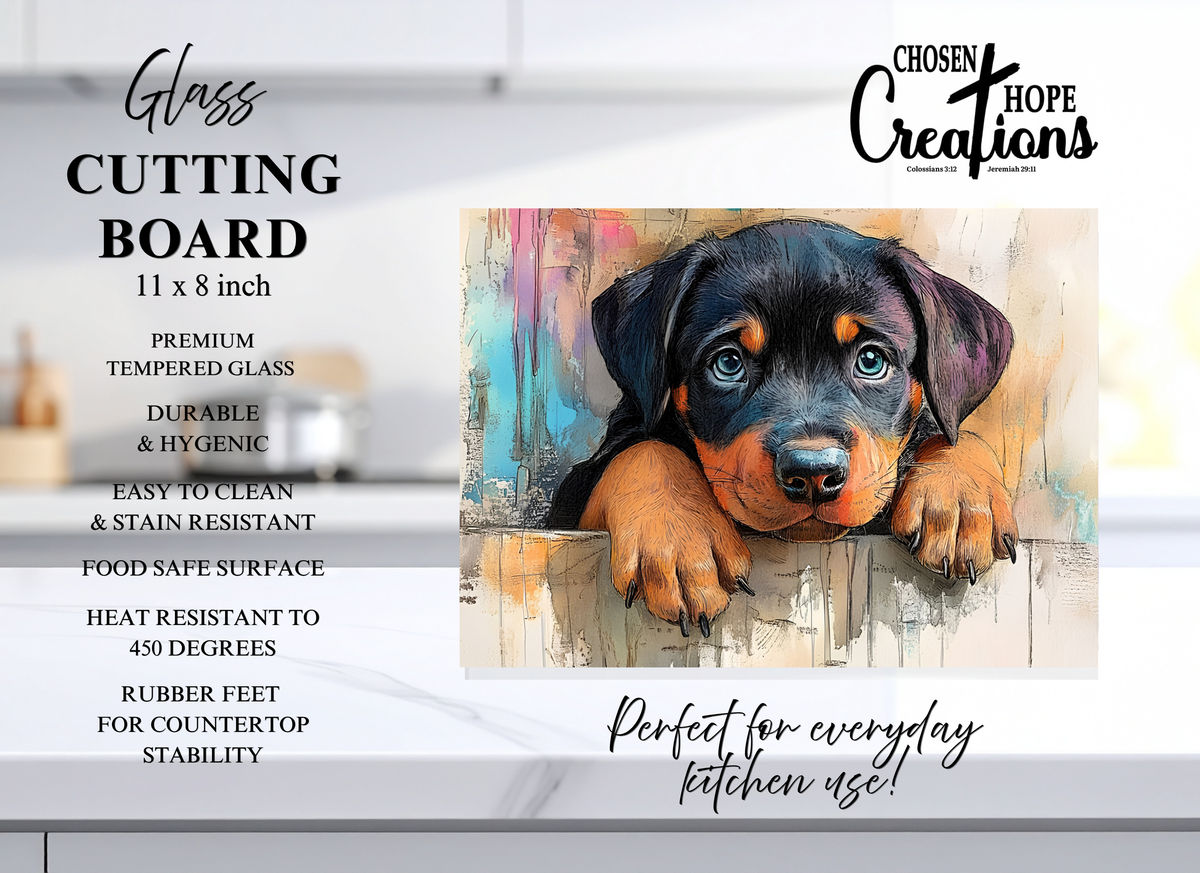 Charming Rottweiler Puppy Cutting Board – Perfect 8×11 Tempered Glass Design