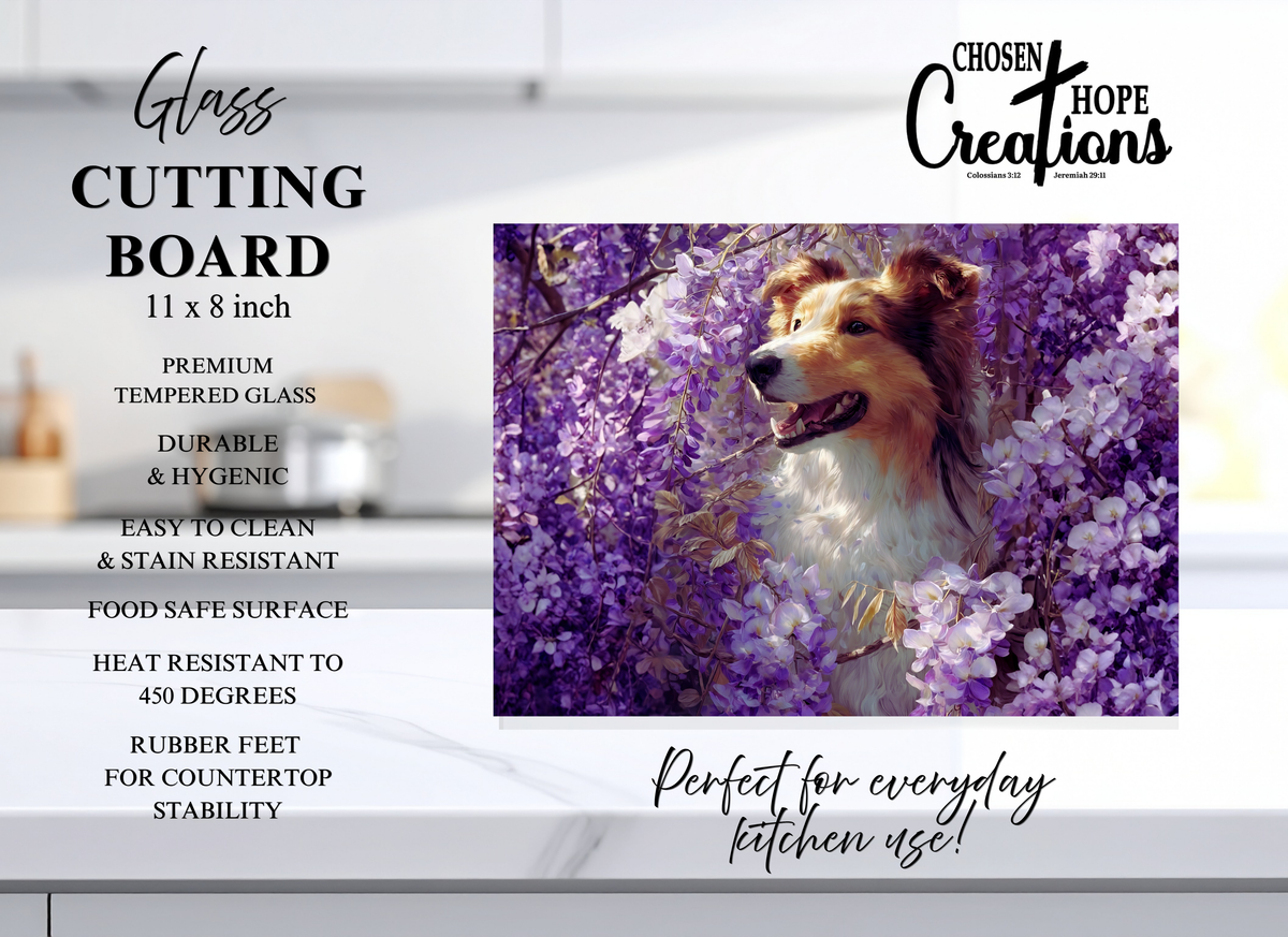 Wisteria Collie Glass Cutting Board – A Beautiful Blend of Functionality & Artistry
