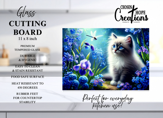 Enchanting Blue-Eyed Kitten Glass Cutting Board – 8x11 Artful Kitchen Essential