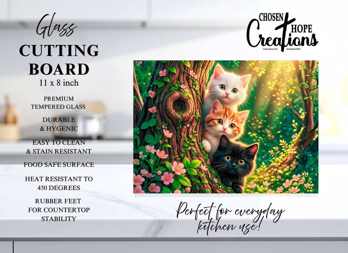 Three Kittens Enchanted Tree Cutting Board – Whimsical Kitchen Essential for Cat Lovers