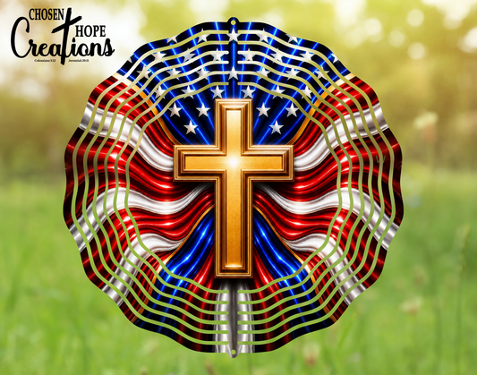 Patriotic Cross Wind Spinner - Celebrate Faith and Freedom in Your Garden