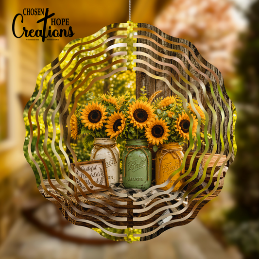 Mason Jar Sunflower Wind Spinner - Grateful Thankful Blessed Decor