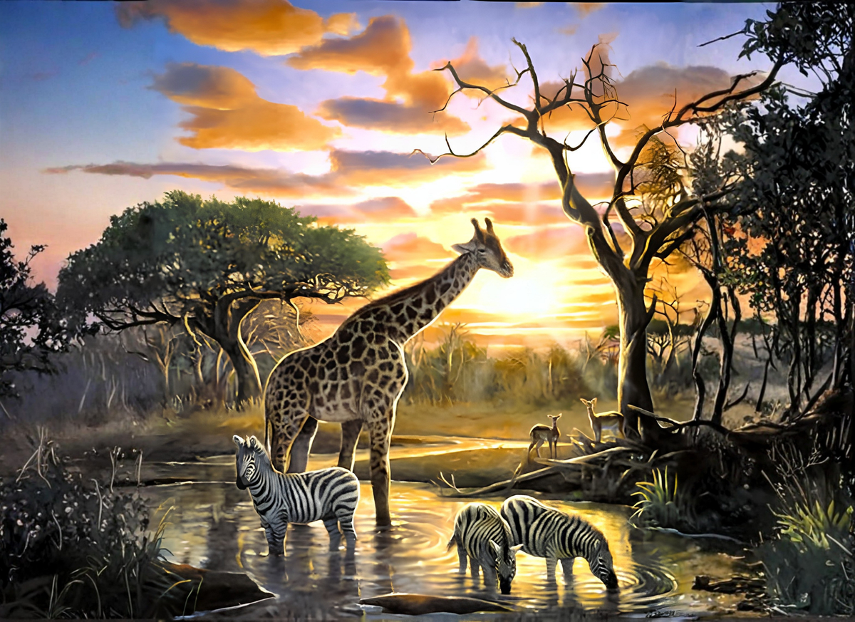 Elevate Your Kitchen with the Safari Watering Hole at Sunset – 8x11 Tempered Glass Cutting Board