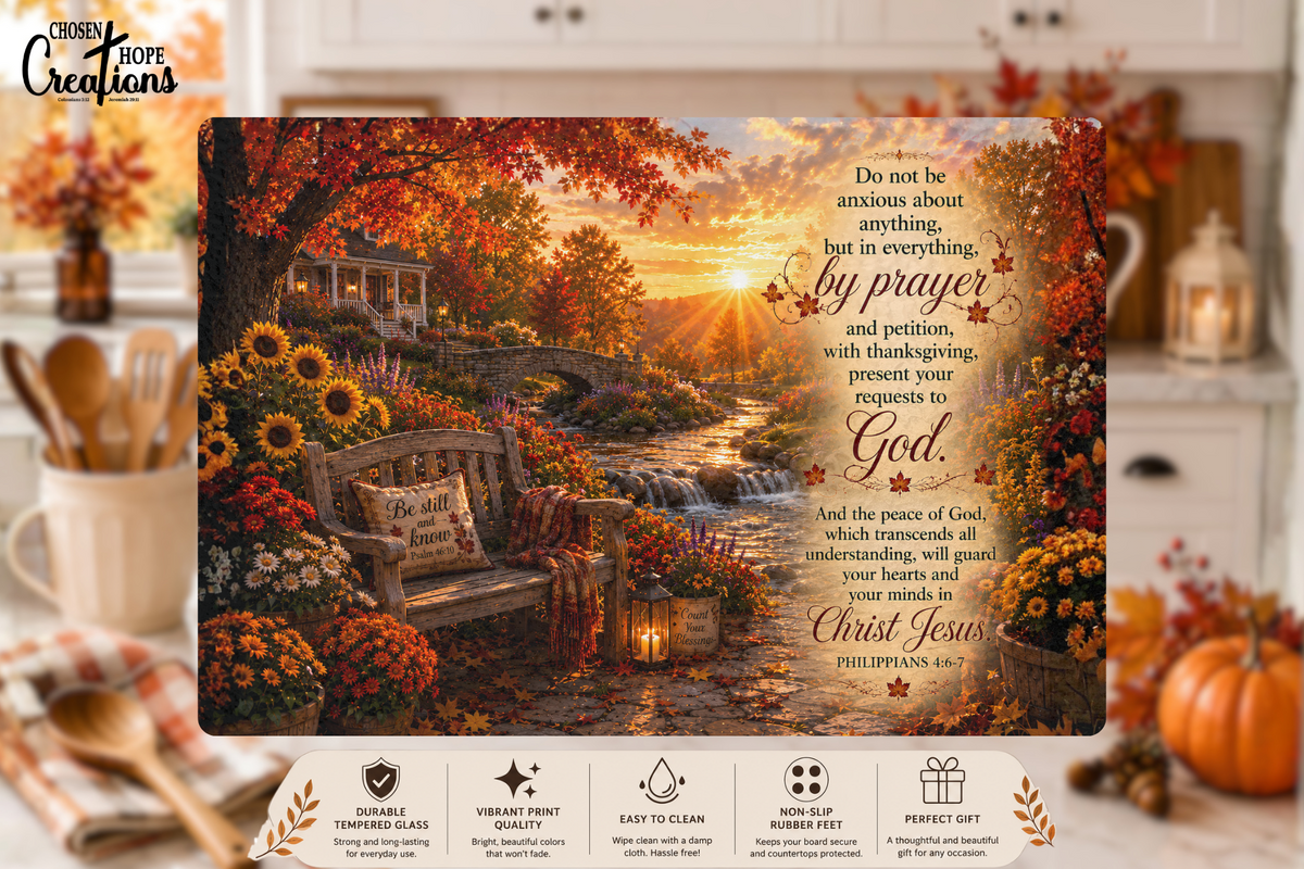 Philippians 4:6–7 Peaceful Tempered Glass Cutting Board – Elevate Your Christian Kitchen Décor