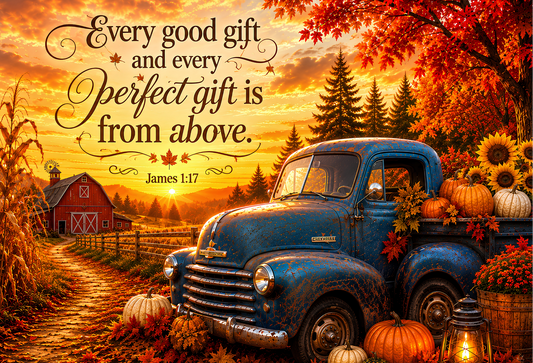Inspirational Farmhouse Cutting Board - James 1:17 Vintage Blue Truck Design