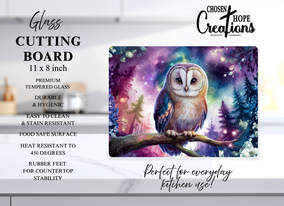 Owl Galaxy Forest Cutting Board – 8"x11" Tempered Glass for Every Kitchen