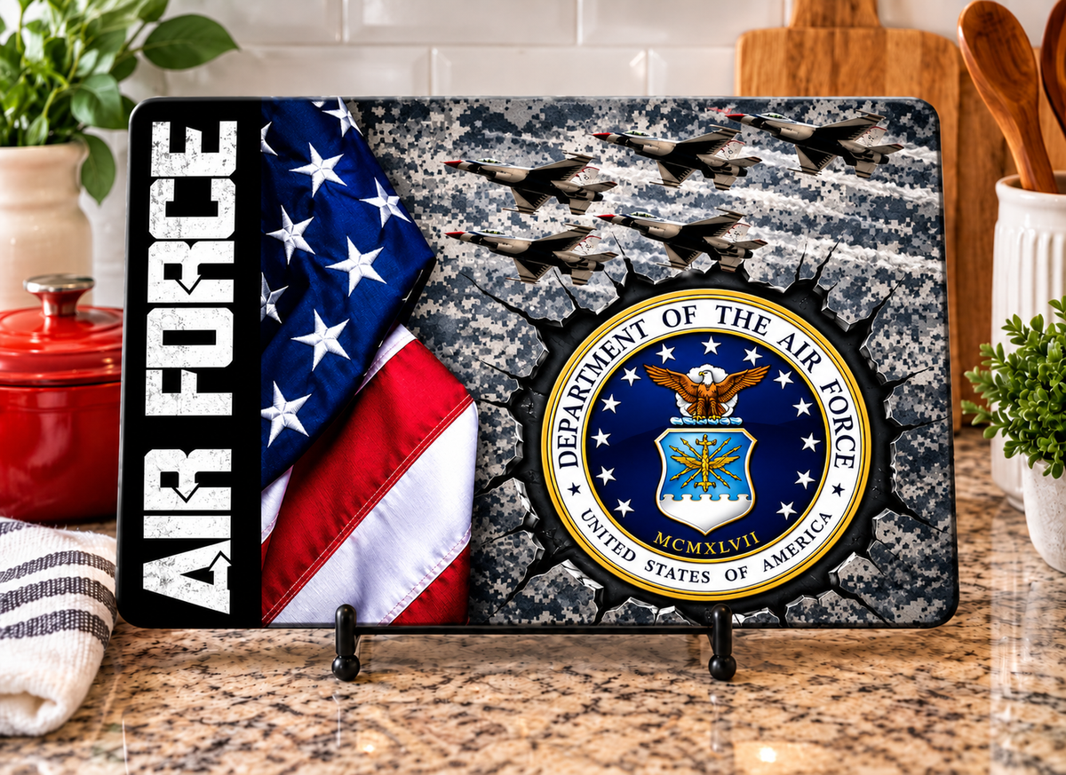 Air Force cutting board design with fighter jets, an American flag, digital camouflage, and Department of the Air Force emblem