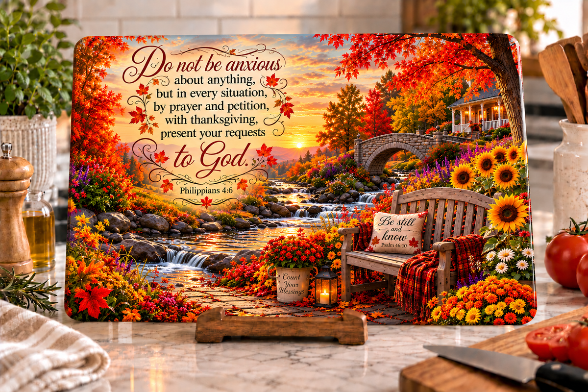 Philippians 4:6 “Do Not Be Anxious” Autumn Tempered Glass Cutting Board