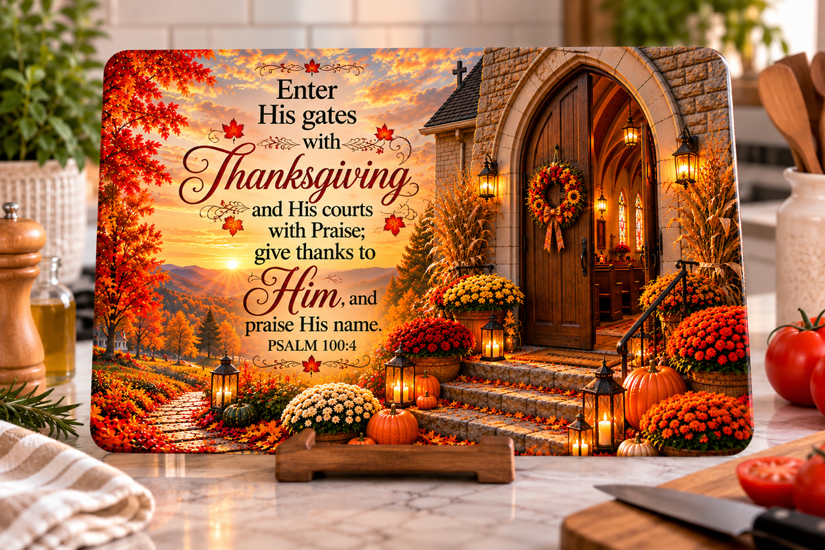 Psalm 100:4 “Enter His Gates with Thanksgiving” Tempered Glass Cutting Board