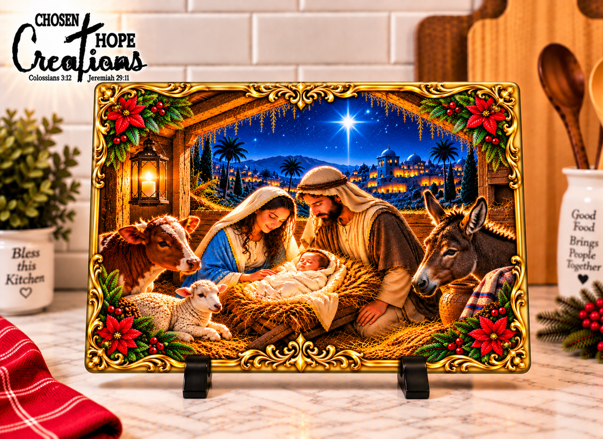 Mary and Joseph watching over baby Jesus in a manger beneath the Star of Bethlehem on a Christmas glass cutting board