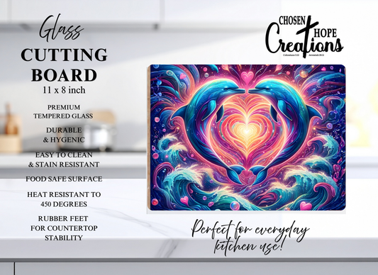 Dolphin Love Heart Cutting Board - Elegant & Durable 8x11 Tempered Glass Kitchen Essential