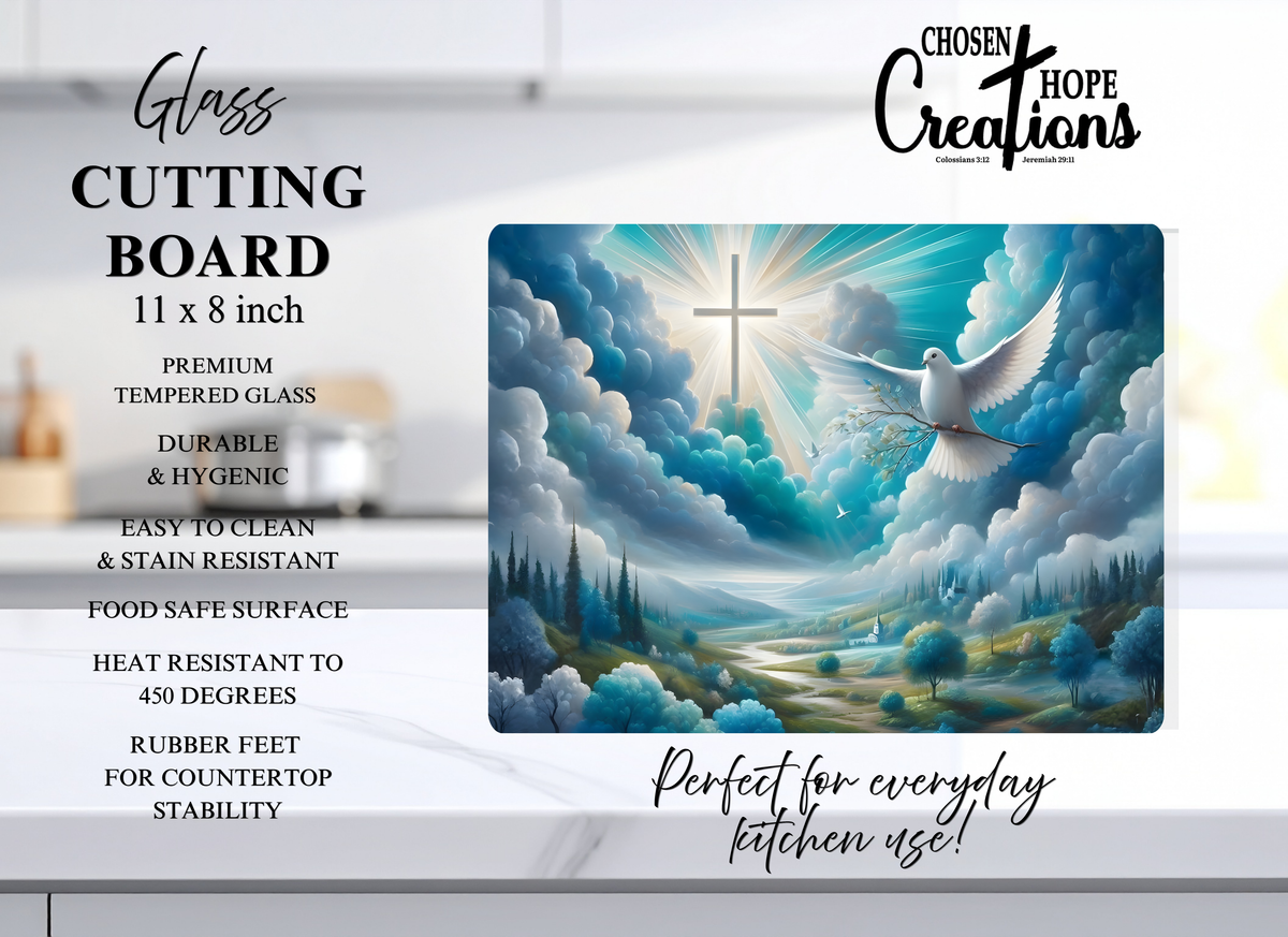 Faith Tempered Glass Cutting Board - Dove and Cross Design