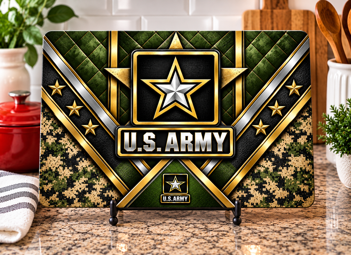 U.S. Army cutting board design with a central star, Army lettering, olive-green geometric artwork, digital camouflage, and gold-look accents