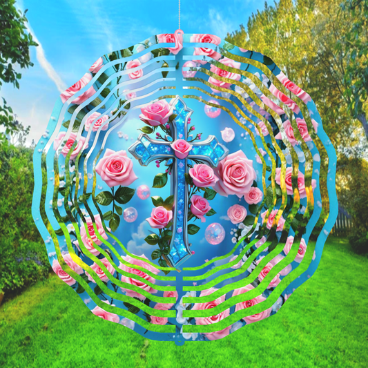 Transform Your Garden with the Teal Crystal Cross Wind Spinner - A Faith-Inspired Decor Piece