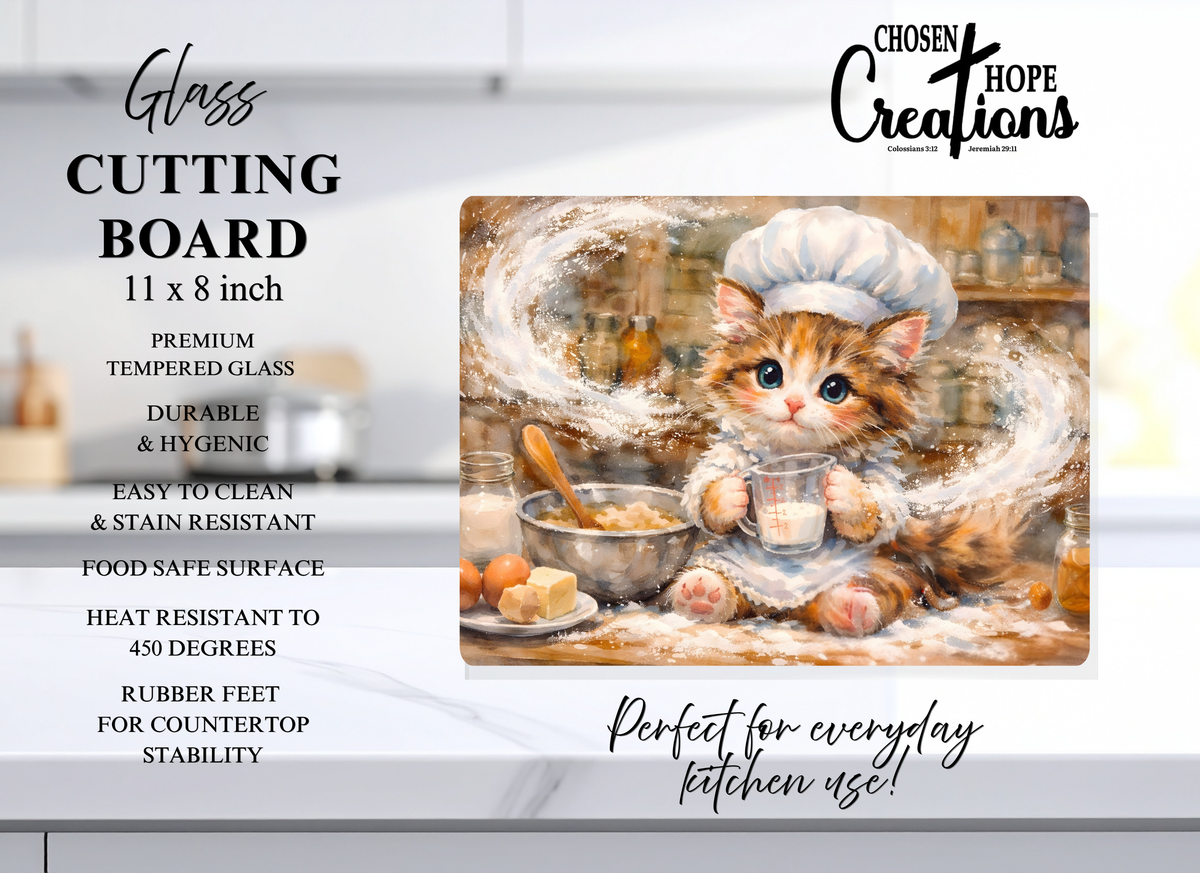 Kitten Chef Baking Cutting Board – Adorable Tempered Glass Kitchen Essential