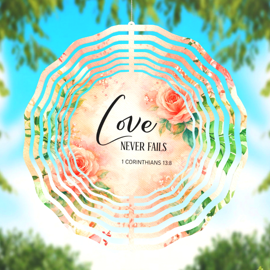 Love Never Fails Wind Spinner | Elegant 1 Corinthians 13:8 Garden Decor