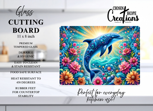 Vibrant Ornate Dolphin Glass Cutting Board – 8×11 for a Splash of Coastal Charm