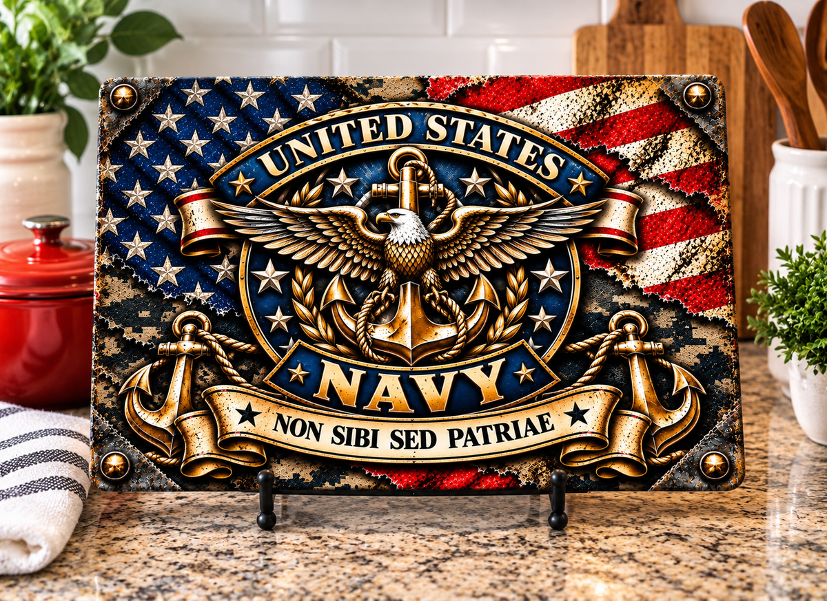 U.S. Navy cutting board design with eagle, anchors, distressed American flag, and Non Sibi Sed Patriae lettering