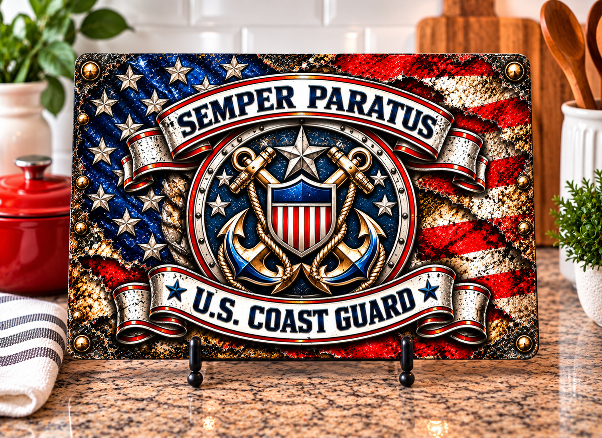 Coast Guard cutting board design with crossed anchors, striped shield, distressed American flag, and Semper Paratus banners