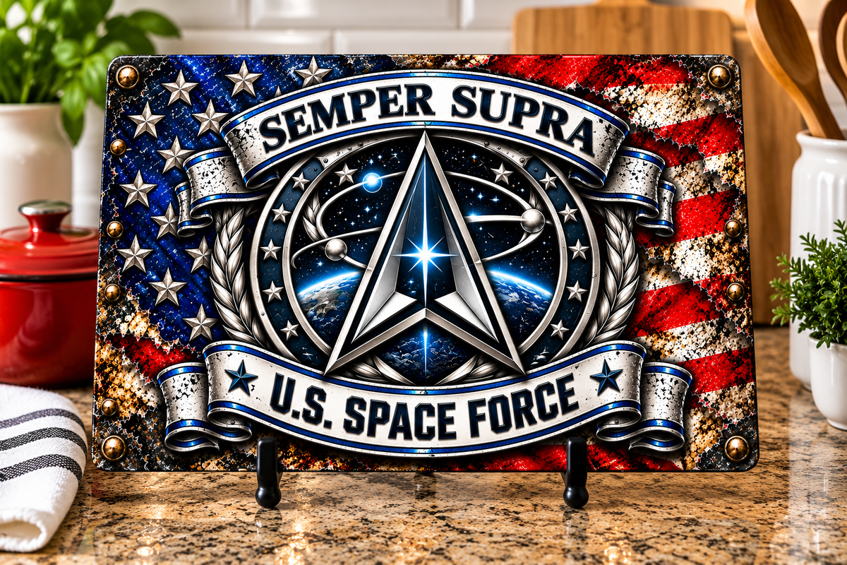 Space Force cutting board design with delta-shaped centerpiece, Earth, orbital lines, distressed American flag, and Semper Supra lettering