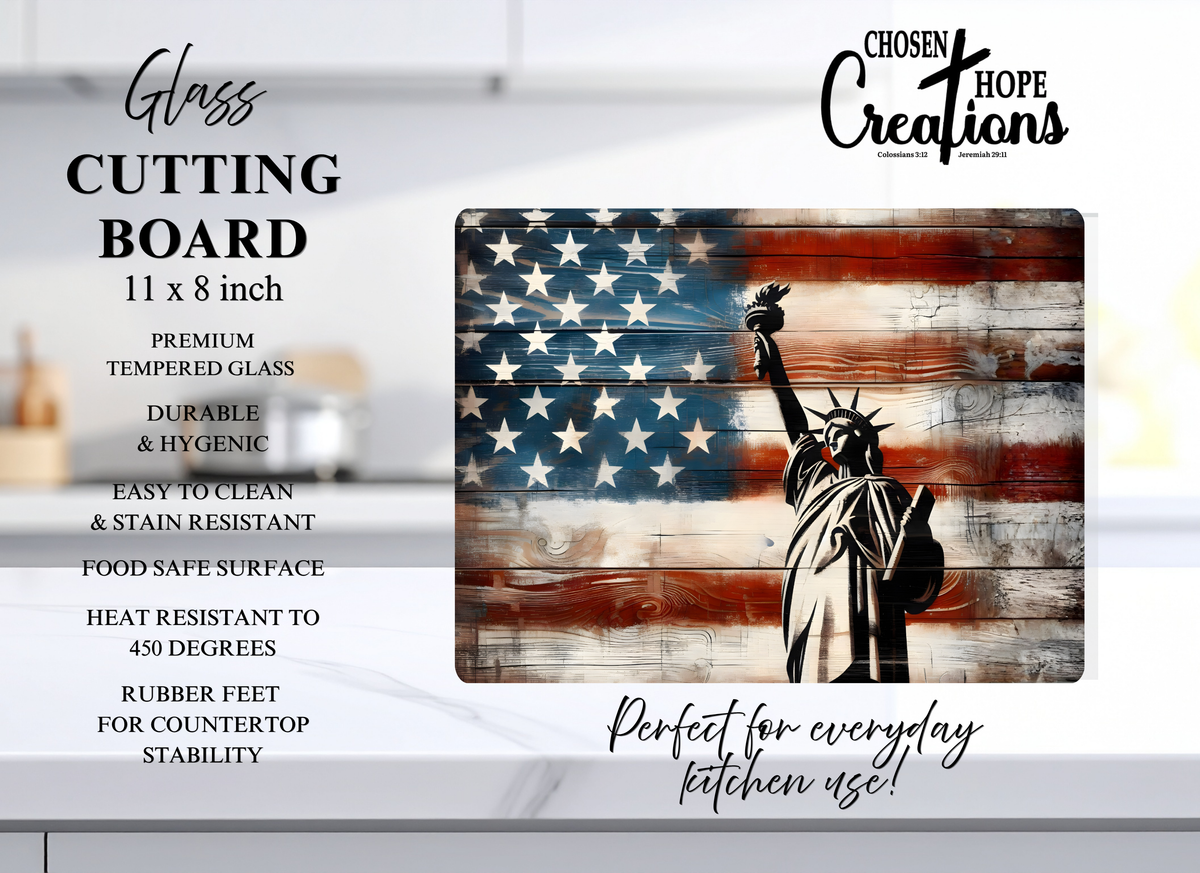 Patriotic Cutting Board Featuring Statue of Liberty and American Flag - 8x11