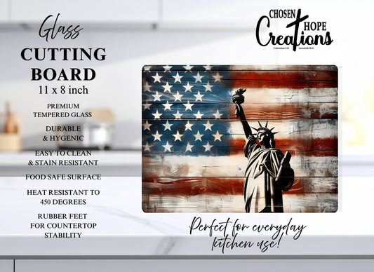 Patriotic Cutting Board Featuring Statue of Liberty and American Flag - 8x11