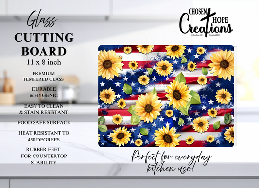 Sunflower Patriotic Glass Cutting Board - Perfect Kitchen Decor