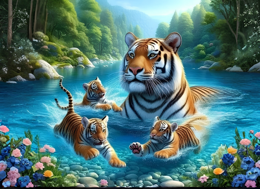 A colorful glass cutting board of a large tiger and three tiger cubs swimming in a bright blue river, surrounded by a lush green forest and flowers along the banks.