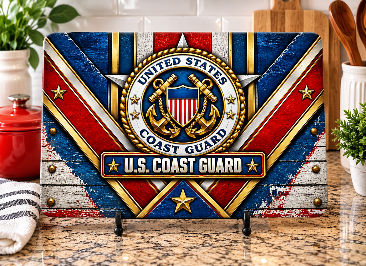 Coast Guard cutting board design with circular shield and anchors, red white and blue geometric artwork, and gold-look stars