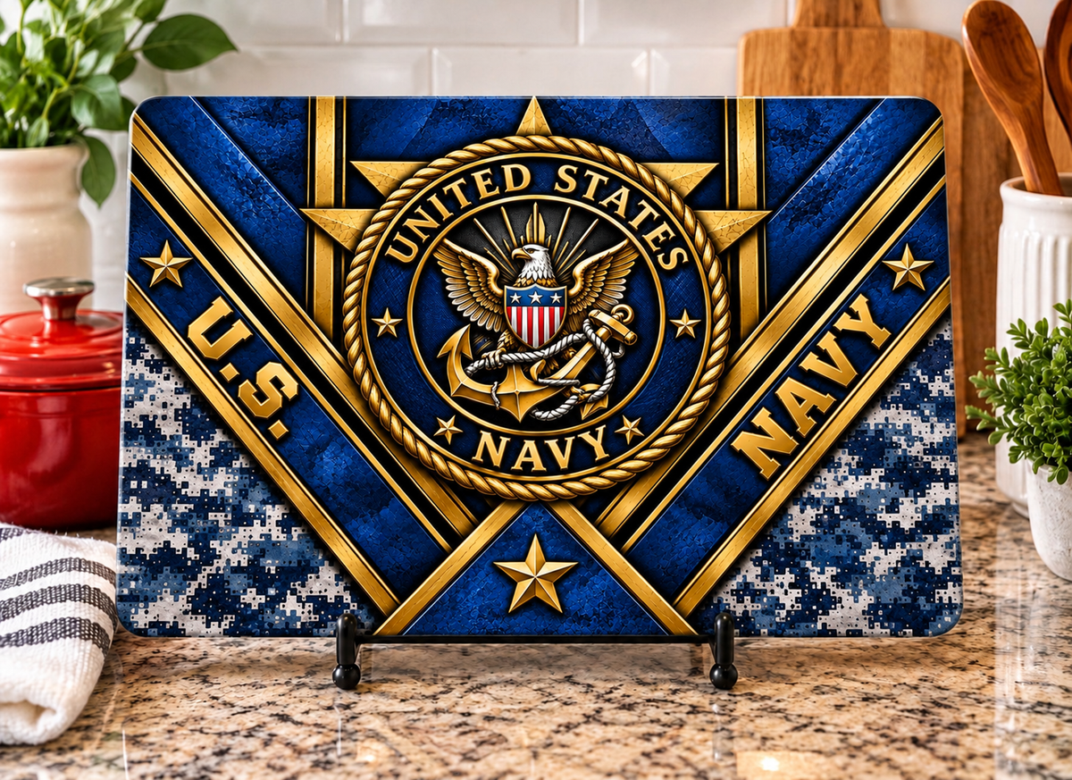 Navy cutting board design with eagle shield and anchor artwork, blue geometric bands, digital camouflage, and printed gold-look stars
